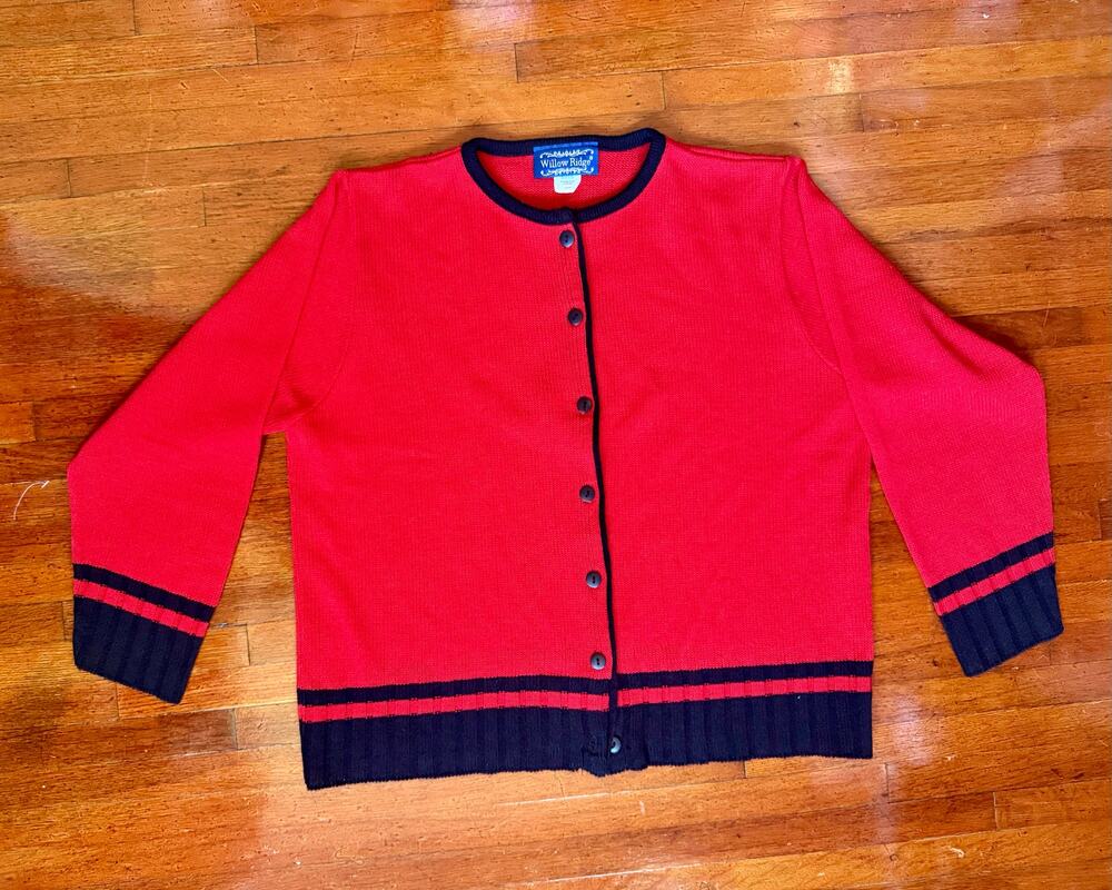 Vintage 80's Preppy Willow Ridge Cherry Red Black Stripe Cardigan Sweater Large
